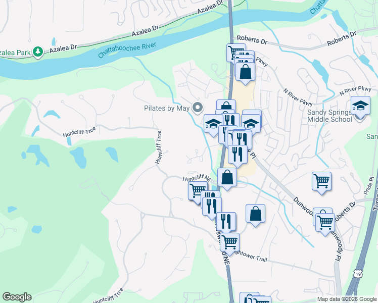 map of restaurants, bars, coffee shops, grocery stores, and more near 8740 Roswell Road in Sandy Springs