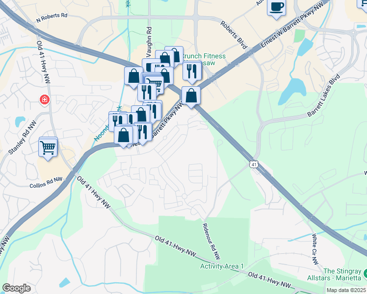 map of restaurants, bars, coffee shops, grocery stores, and more near 1723 Oak Brook Lane Northwest in Kennesaw