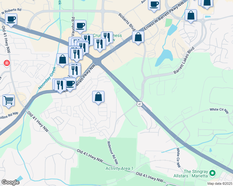 map of restaurants, bars, coffee shops, grocery stores, and more near 1798 Lucy Drive in Kennesaw