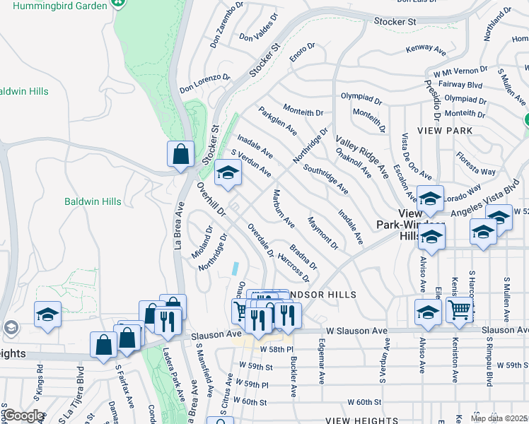 map of restaurants, bars, coffee shops, grocery stores, and more near 5126 Marvale Drive in View Park-Windsor Hills