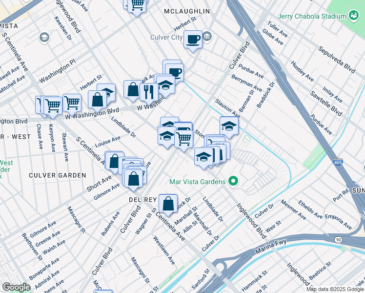 map of restaurants, bars, coffee shops, grocery stores, and more near in Los Angeles