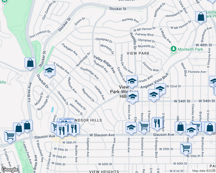map of restaurants, bars, coffee shops, grocery stores, and more near 5215 Parkglen Avenue in View Park-Windsor Hills