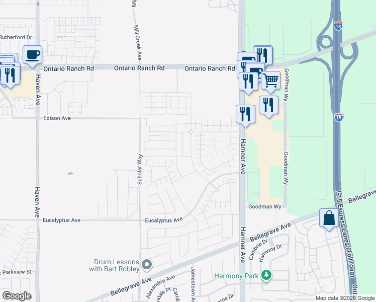 map of restaurants, bars, coffee shops, grocery stores, and more near 4267 South Hermosa Paseo in Ontario