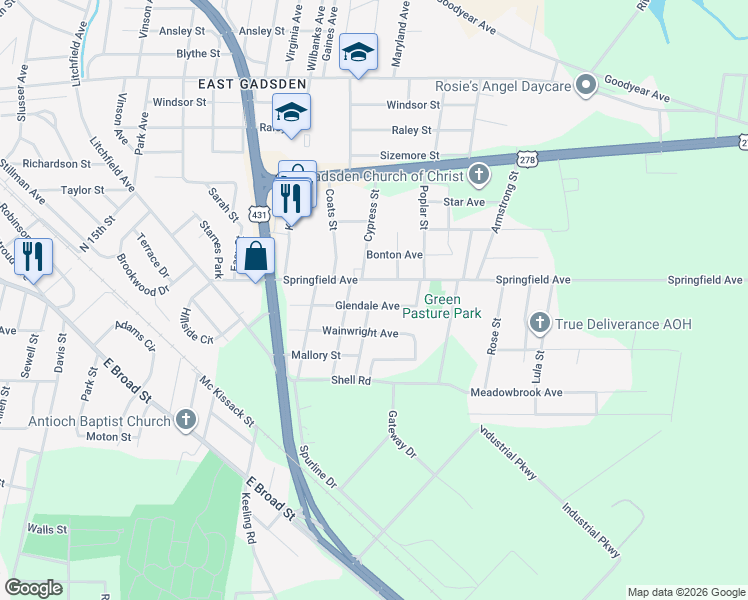 map of restaurants, bars, coffee shops, grocery stores, and more near 1500 Murray Avenue in Gadsden