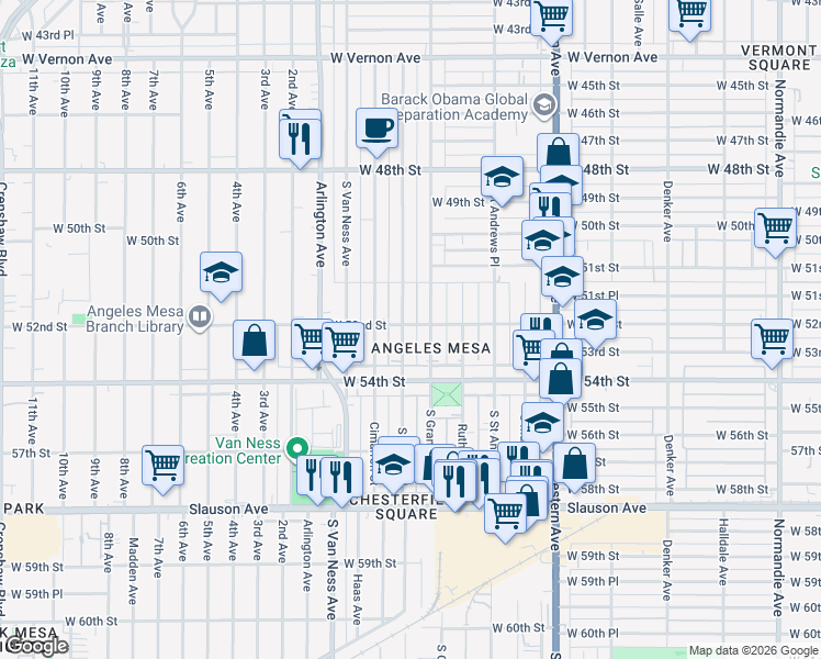 map of restaurants, bars, coffee shops, grocery stores, and more near 5200 South Wilton Place in Los Angeles
