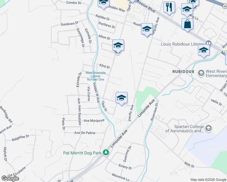 map of restaurants, bars, coffee shops, grocery stores, and more near 8637 Areca Lane in Jurupa Valley