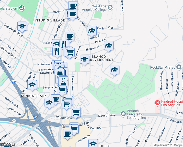 map of restaurants, bars, coffee shops, grocery stores, and more near 11260 Overland Avenue in Culver City