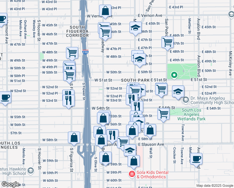 map of restaurants, bars, coffee shops, grocery stores, and more near 207 West 52nd Place in Los Angeles