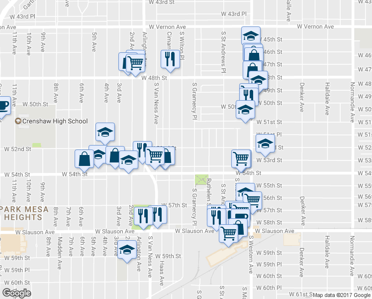 map of restaurants, bars, coffee shops, grocery stores, and more near 5200 South Wilton Place in Los Angeles