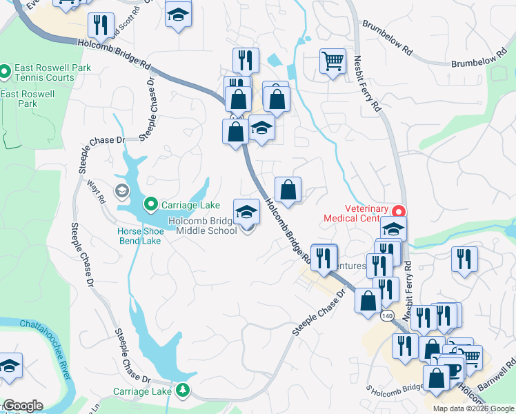 map of restaurants, bars, coffee shops, grocery stores, and more near 5 N Riversong Ct in Alpharetta