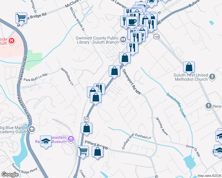 map of restaurants, bars, coffee shops, grocery stores, and more near 3330 Pickens Street in Duluth