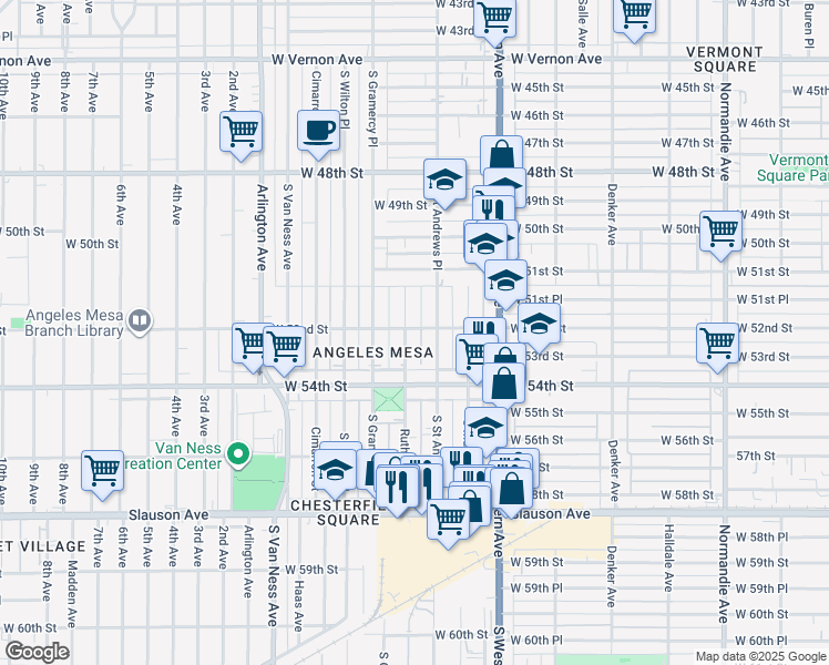map of restaurants, bars, coffee shops, grocery stores, and more near 1920 West 52nd Street in Los Angeles