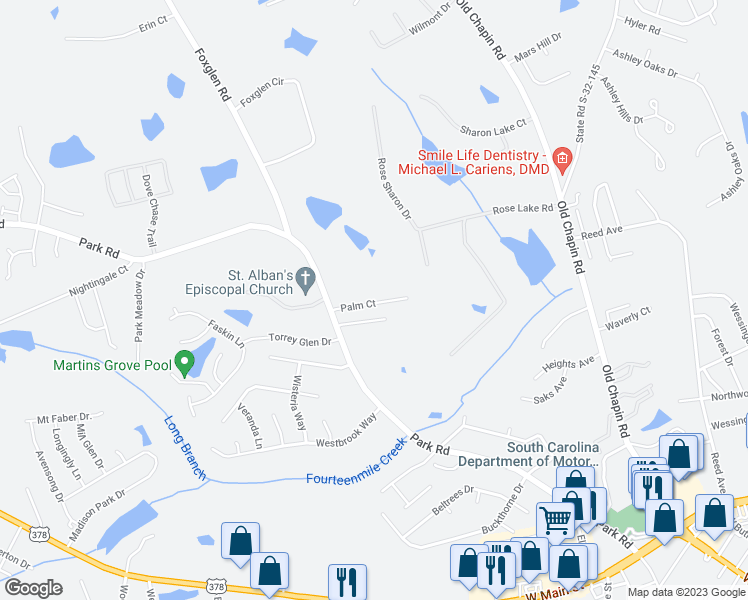 map of restaurants, bars, coffee shops, grocery stores, and more near 129 Palm Court in Lexington