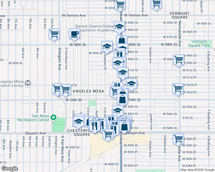 map of restaurants, bars, coffee shops, grocery stores, and more near 5200 South Saint Andrews Place in Los Angeles