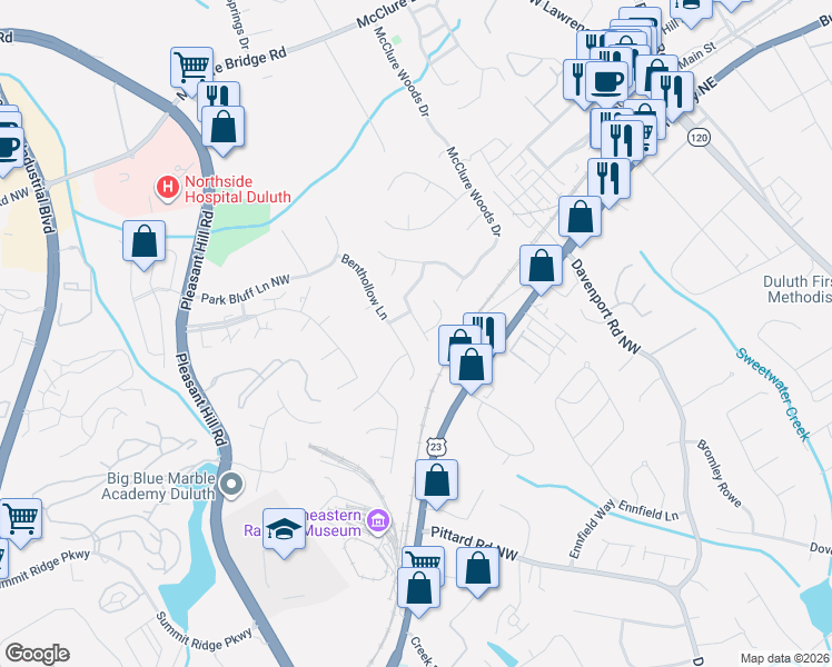 map of restaurants, bars, coffee shops, grocery stores, and more near 3504 Willgrove Way in Duluth
