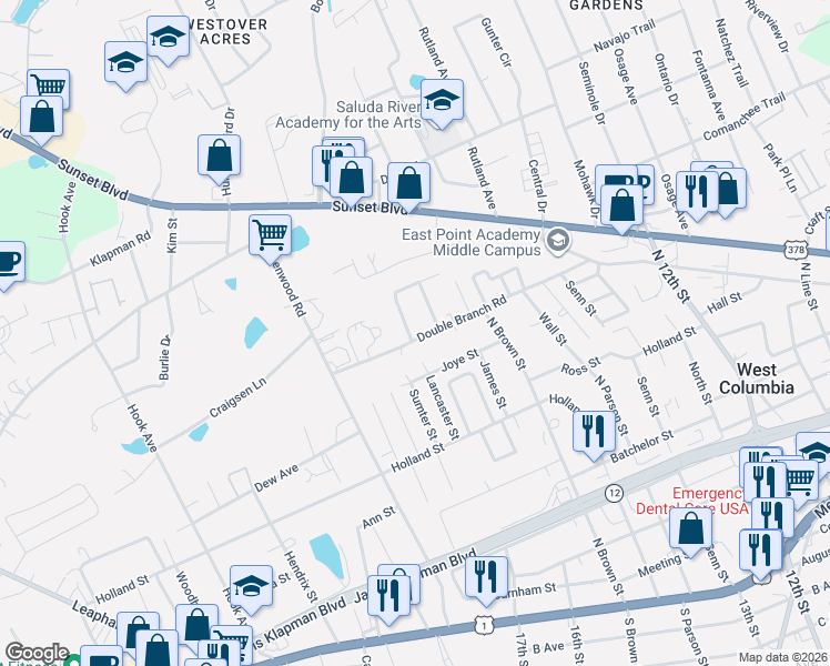 map of restaurants, bars, coffee shops, grocery stores, and more near 1651 Double Branch Road in West Columbia