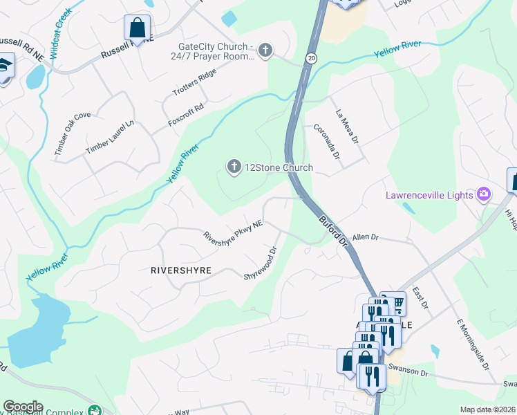 map of restaurants, bars, coffee shops, grocery stores, and more near 1224 Riverloch Way in Lawrenceville