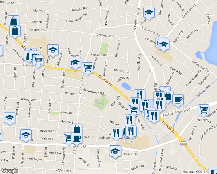 map of restaurants, bars, coffee shops, grocery stores, and more near 2 Cameron Court in Columbia