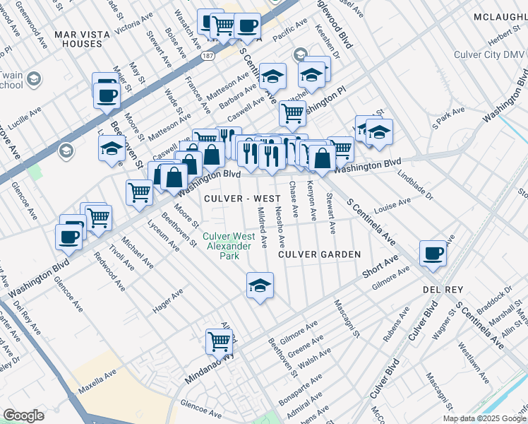 map of restaurants, bars, coffee shops, grocery stores, and more near 4182 McConnell Boulevard in Los Angeles