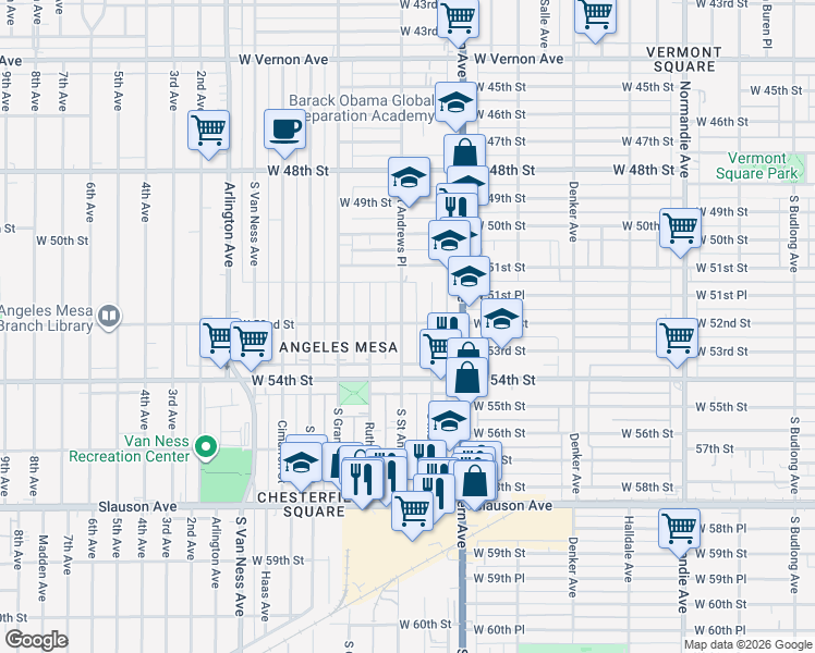 map of restaurants, bars, coffee shops, grocery stores, and more near 5200 South Saint Andrews Place in Los Angeles