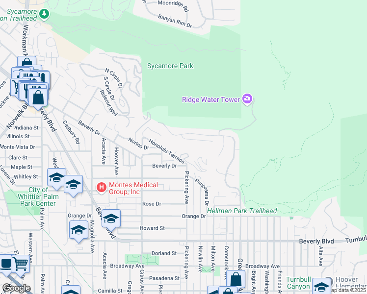 map of restaurants, bars, coffee shops, grocery stores, and more near 12516 Mount Holly Drive in Whittier
