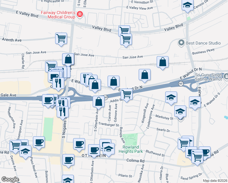 map of restaurants, bars, coffee shops, grocery stores, and more near 19266 East Walnut Drive North in La Puente