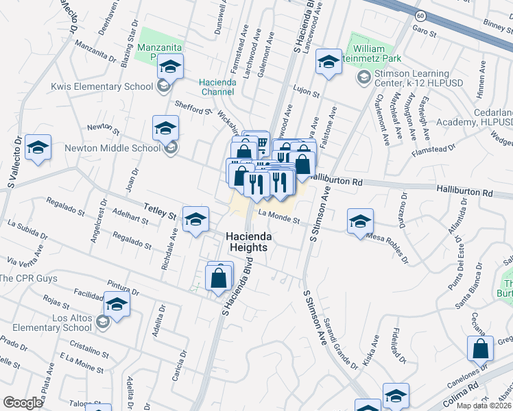 map of restaurants, bars, coffee shops, grocery stores, and more near 2130 South Hacienda Boulevard in Hacienda Heights