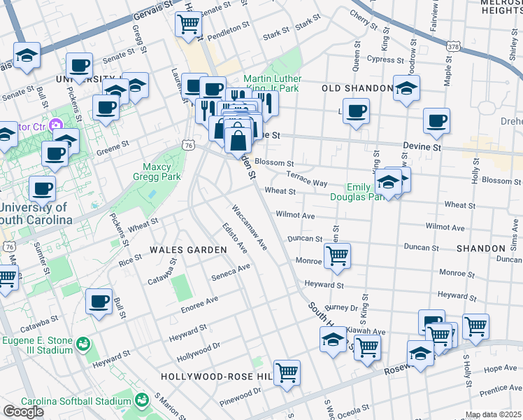 map of restaurants, bars, coffee shops, grocery stores, and more near 415 Harden Street in Columbia