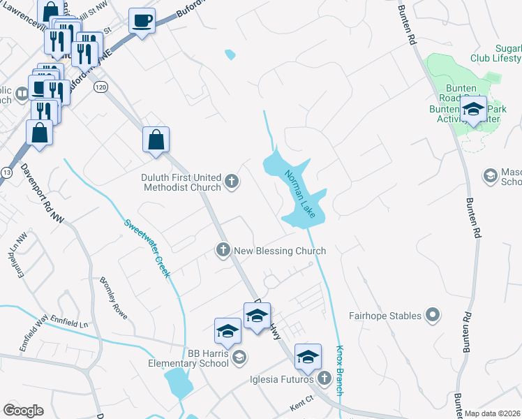 map of restaurants, bars, coffee shops, grocery stores, and more near 3151 Norman Circle Northwest in Duluth