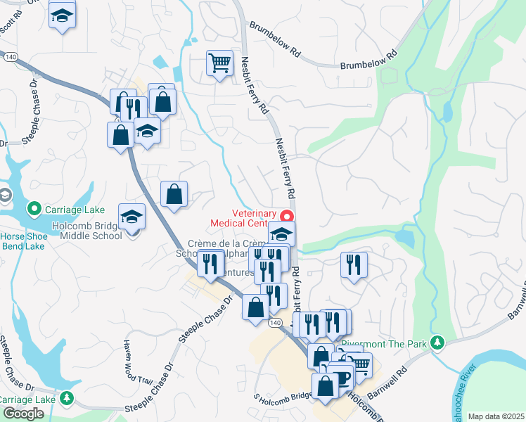 map of restaurants, bars, coffee shops, grocery stores, and more near 2895 Shurburne Drive in Alpharetta