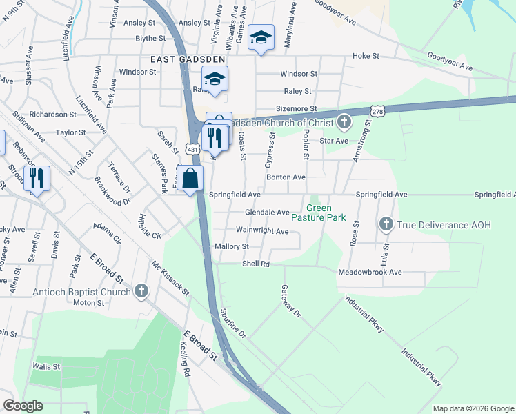 map of restaurants, bars, coffee shops, grocery stores, and more near 1500 Murray Avenue in Gadsden
