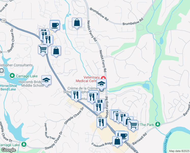 map of restaurants, bars, coffee shops, grocery stores, and more near 2502 Treeridge Parkway in Alpharetta