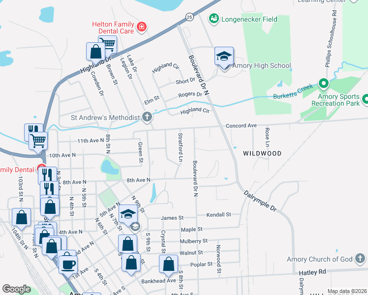 map of restaurants, bars, coffee shops, grocery stores, and more near 900 Stratford Lane in Amory