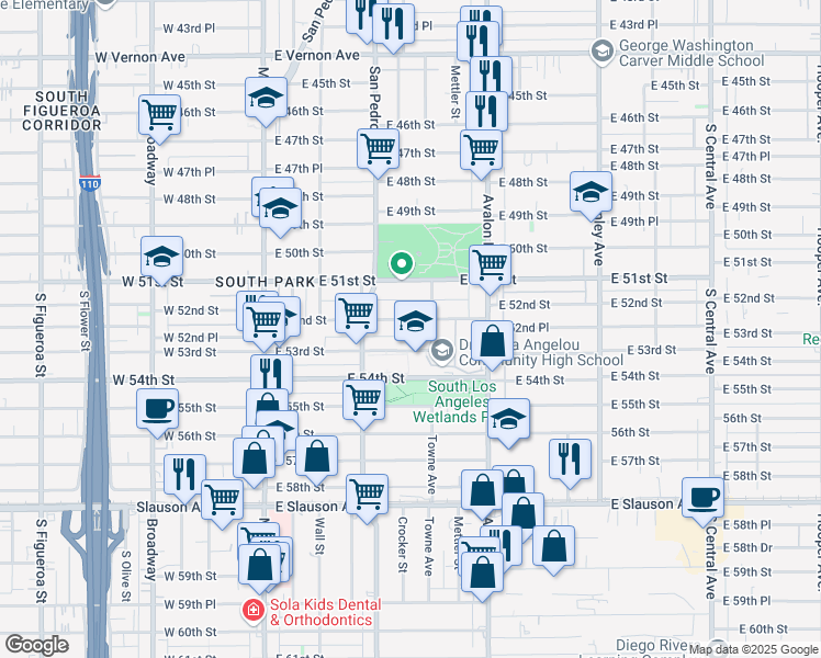 map of restaurants, bars, coffee shops, grocery stores, and more near 352 East 52nd Street in Los Angeles