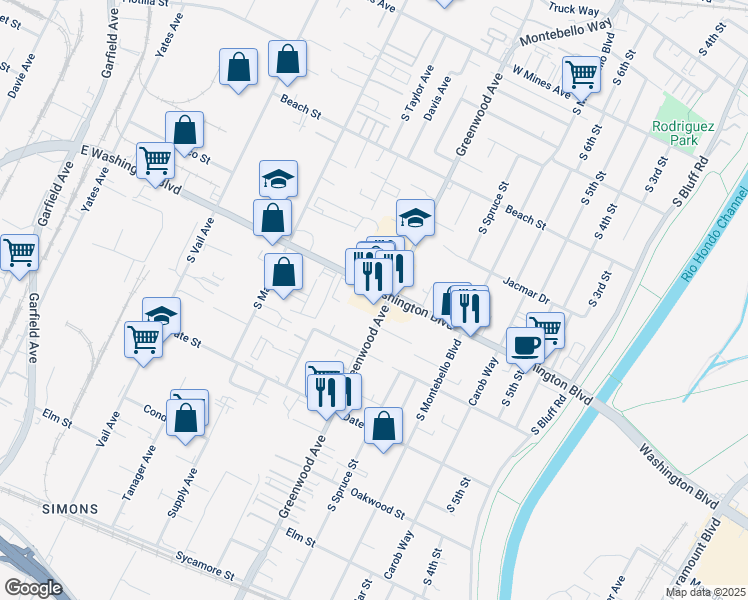 map of restaurants, bars, coffee shops, grocery stores, and more near 1025 Greenwood Avenue in Montebello