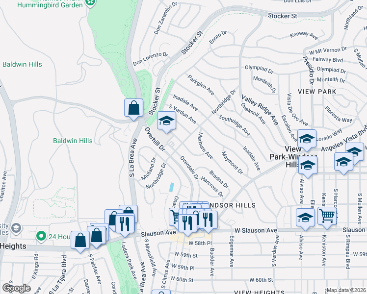 map of restaurants, bars, coffee shops, grocery stores, and more near 5312 Overdale Drive in View Park-Windsor Hills