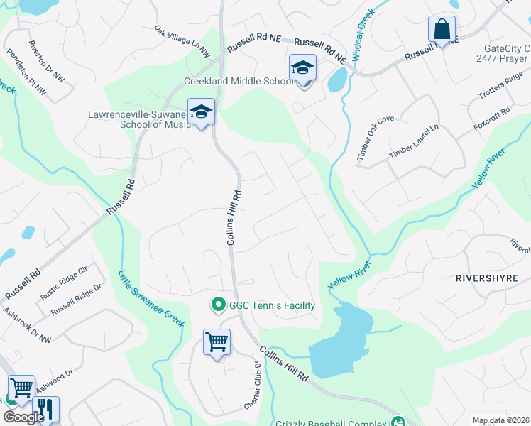 map of restaurants, bars, coffee shops, grocery stores, and more near 1520 Bentridge Drive in Lawrenceville