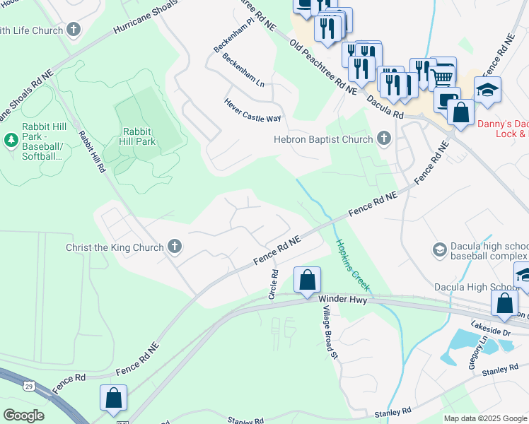 map of restaurants, bars, coffee shops, grocery stores, and more near 2203 Yarbrough Way in Dacula