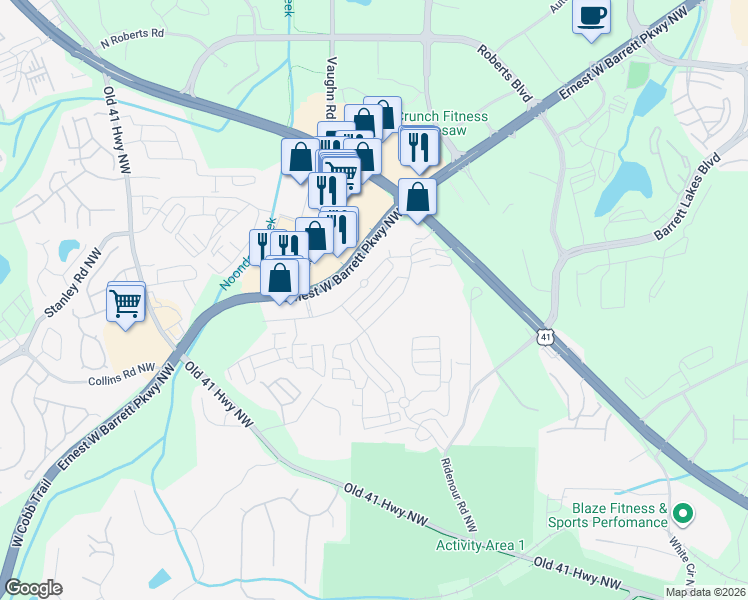 map of restaurants, bars, coffee shops, grocery stores, and more near 1799 Willow Branch Lane in Kennesaw