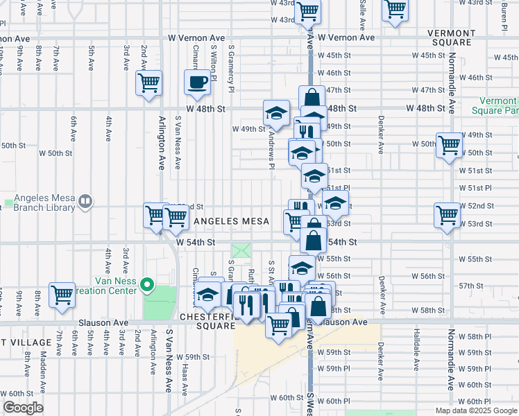 map of restaurants, bars, coffee shops, grocery stores, and more near 1920 West 52nd Street in Los Angeles