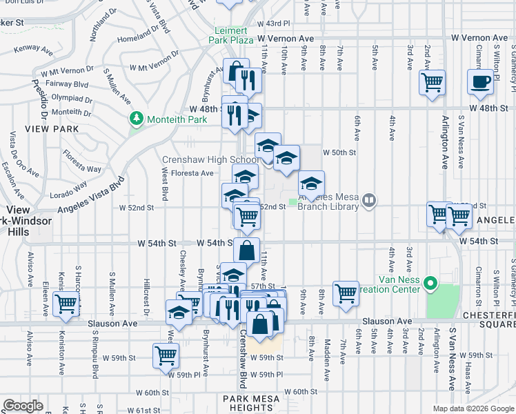map of restaurants, bars, coffee shops, grocery stores, and more near 3326 West 52nd Street in Los Angeles