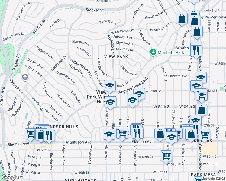 map of restaurants, bars, coffee shops, grocery stores, and more near 5259 Angeles Vista Boulevard in View Park-Windsor Hills