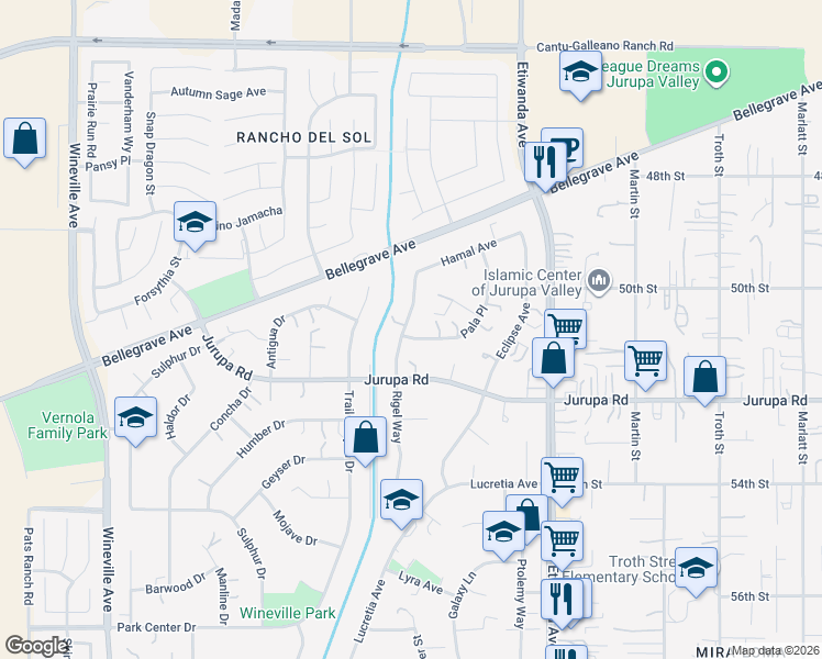 map of restaurants, bars, coffee shops, grocery stores, and more near 4930 Rigel Way in Jurupa Valley