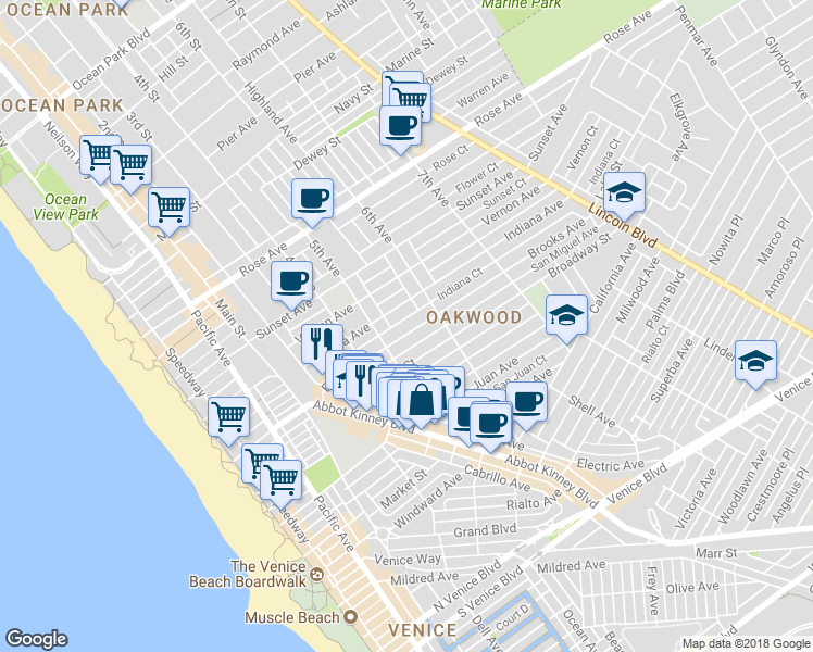 map of restaurants, bars, coffee shops, grocery stores, and more near 537 Brooks Avenue in Los Angeles