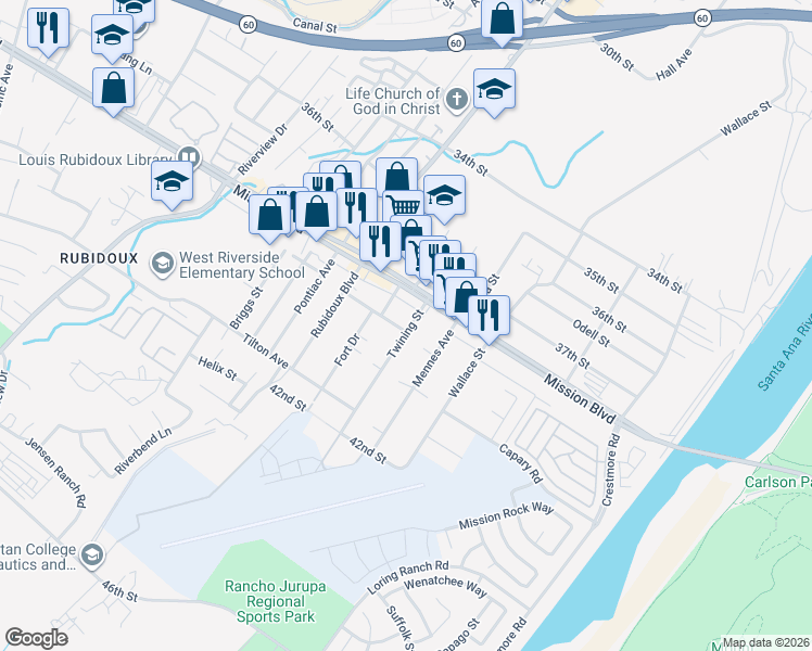 map of restaurants, bars, coffee shops, grocery stores, and more near 3884 Twining Street in Riverside