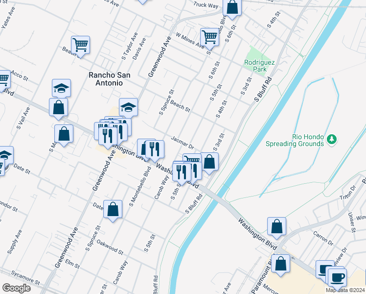 map of restaurants, bars, coffee shops, grocery stores, and more near 913 South 5th Street in Montebello