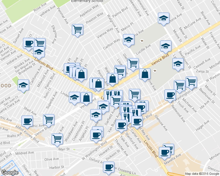 map of restaurants, bars, coffee shops, grocery stores, and more near 1213 Venice Boulevard in Los Angeles