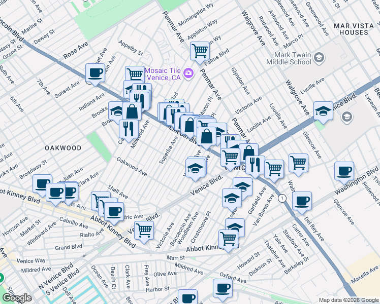 map of restaurants, bars, coffee shops, grocery stores, and more near 925 Venezia Avenue in Los Angeles