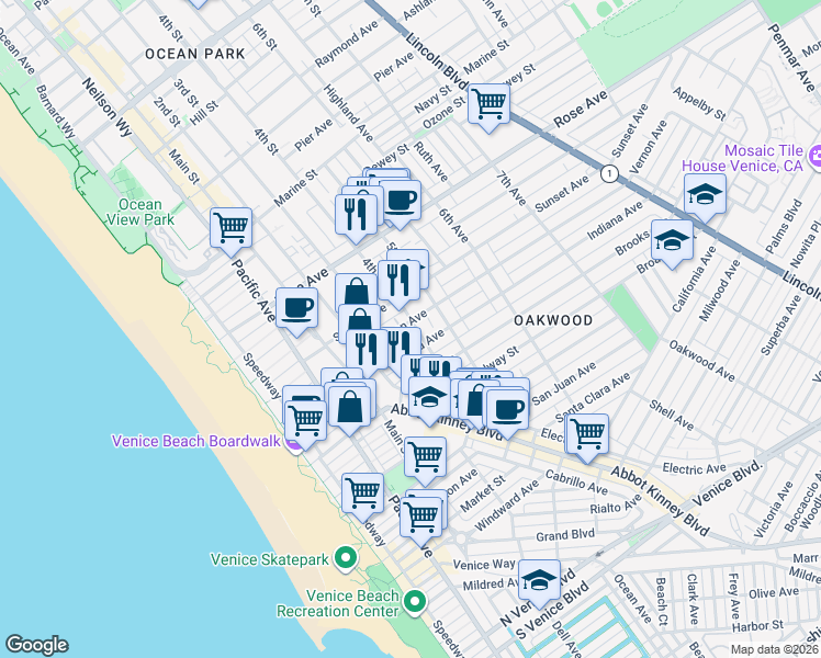 map of restaurants, bars, coffee shops, grocery stores, and more near 345 Indiana Avenue in Los Angeles