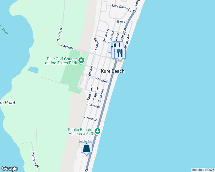 map of restaurants, bars, coffee shops, grocery stores, and more near 327 South 3rd Avenue in Kure Beach